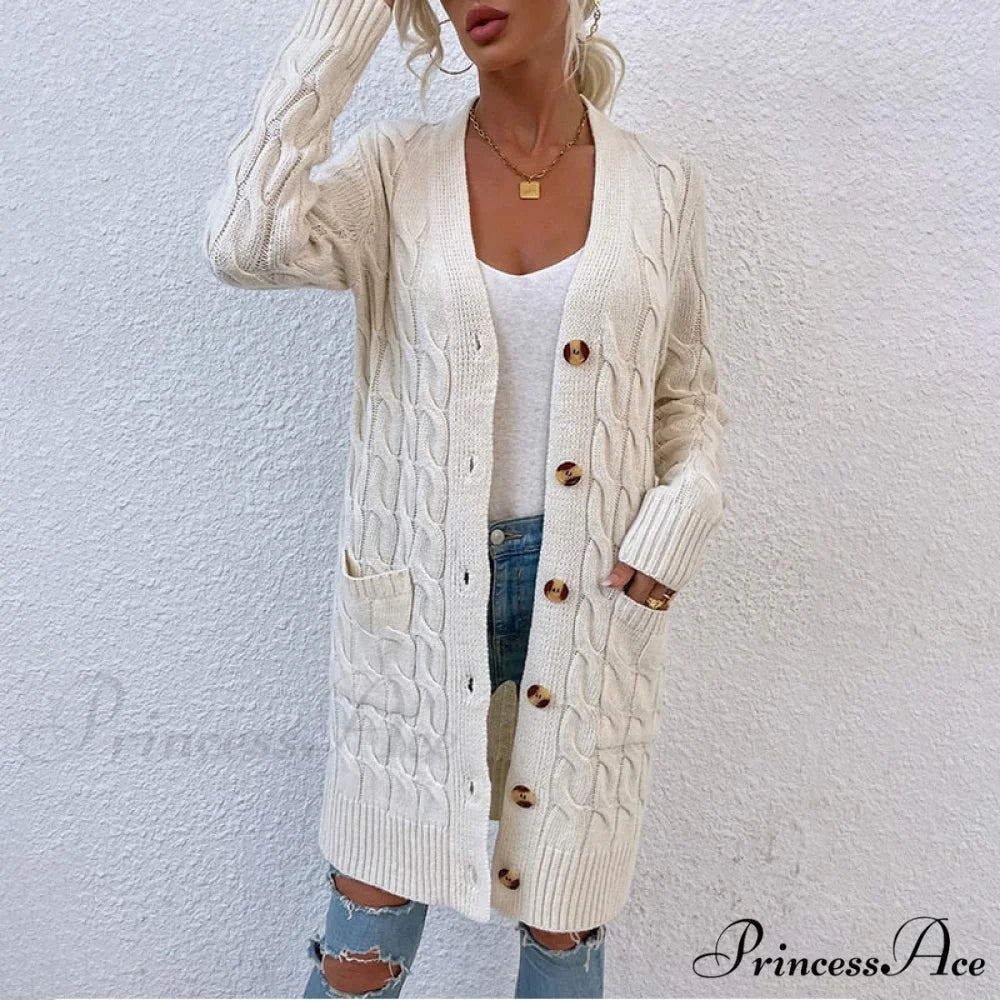 New Long Coat Twisted Rope Solid Color Knitted Cardigans Beige / S