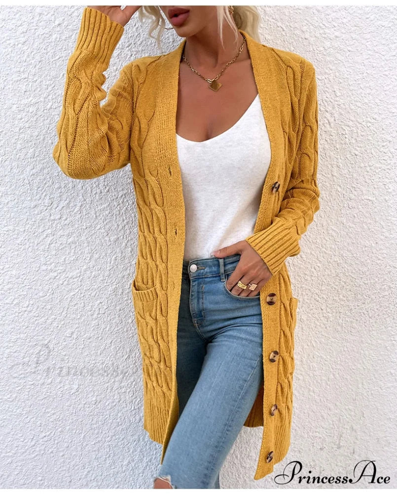 New Long Coat Twisted Rope Solid Color Knitted Cardigans Yellow / S