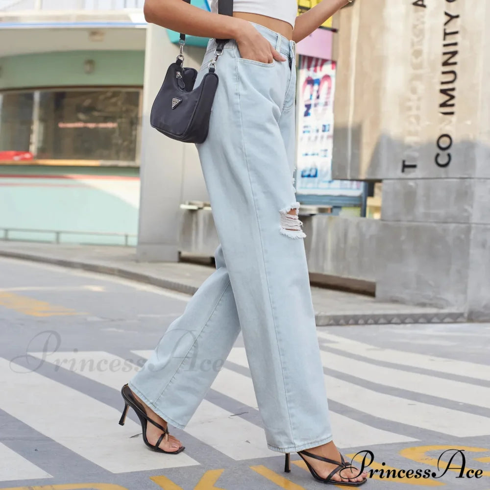 New Loose Retro Casual High Waist Ripped Wide Leg Street Fashionable Female Jean