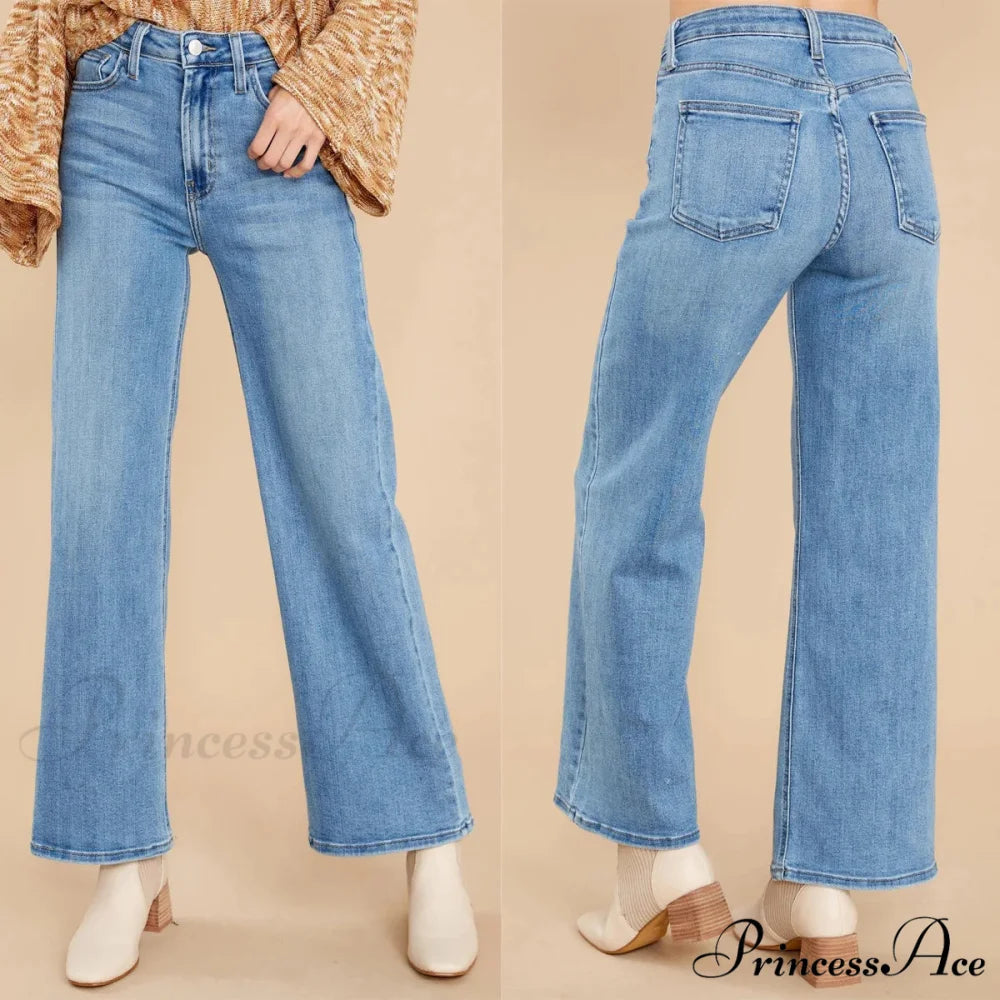 New Loose Straight Leg Casual Fashion Retro Distressed High Waist Wide Leg Cropped Denim Jean Blue / S
