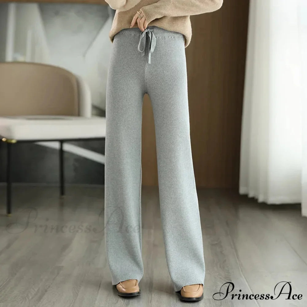 New Merino Wool Ladies High Waist Wide Leg Casual Loose Pants GRAY / M