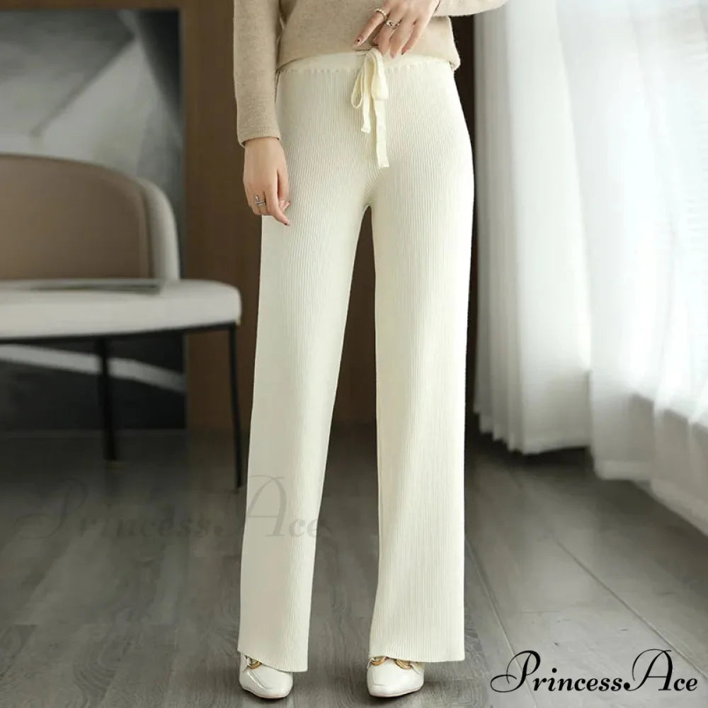 New Merino Wool Ladies High Waist Wide Leg Casual Loose Pants WHITE / M