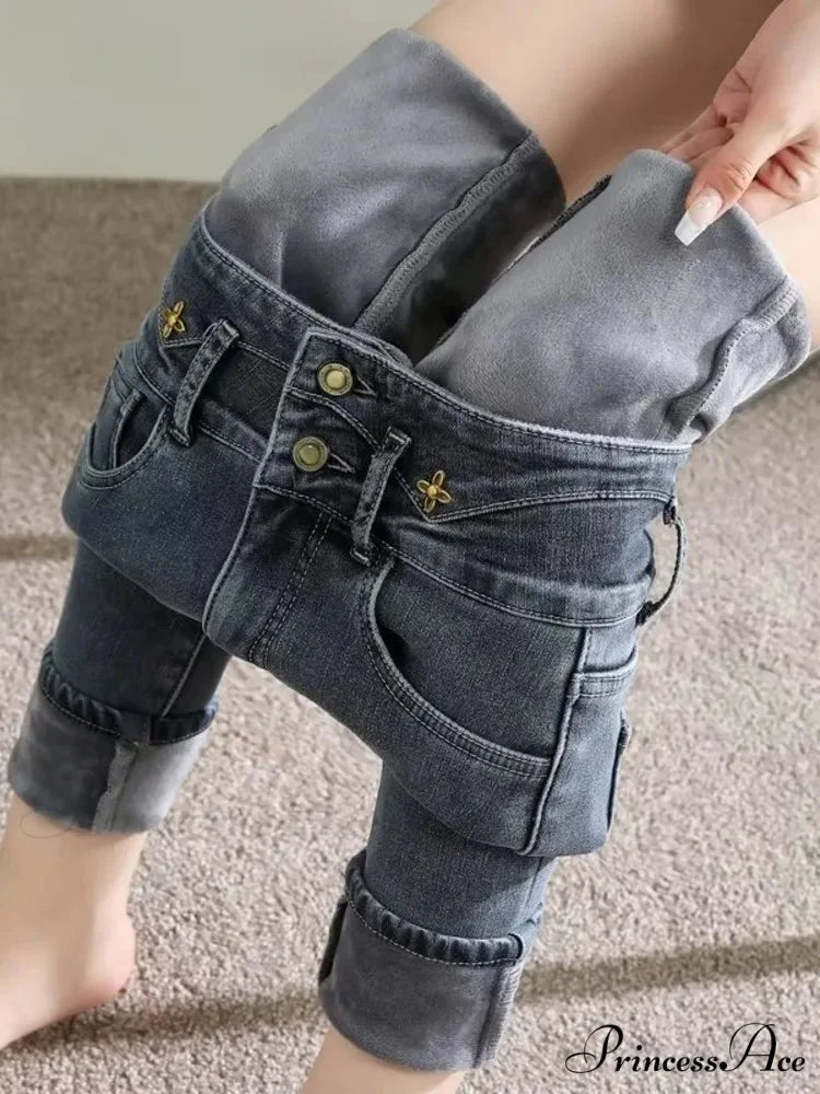 New Oversized Slim Fit Tight Fitting Elastic Small Leg Pencil Super Beautiful Flower High Waist Jean Blue Grey / S