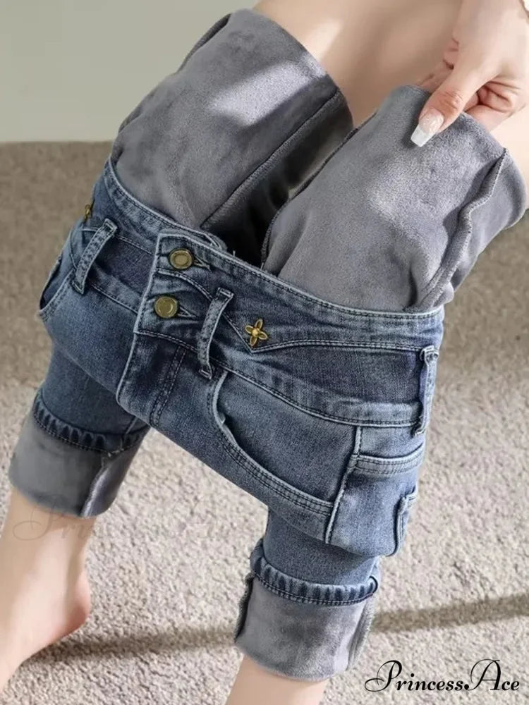New Oversized Slim Fit Tight Fitting Elastic Small Leg Pencil Super Beautiful Flower High Waist Jean GRAY / S