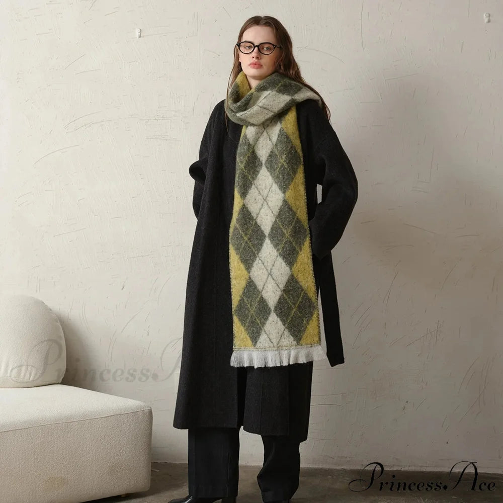 New Retro Argyle Jacquard Plaid Warm Neck Scarf for Autumn Winter 2024 yellow green / L210CM W33CM