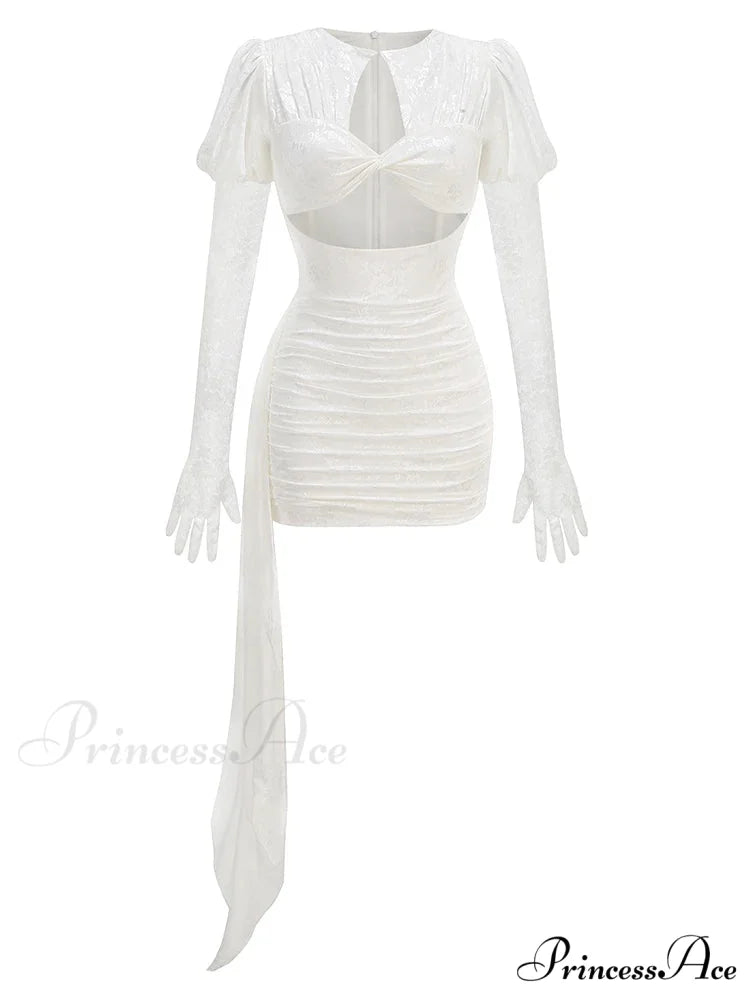 New Sexy Gloves Long Sleeves Cutout Pleated Draped Mini Christmas Party Dress White / S