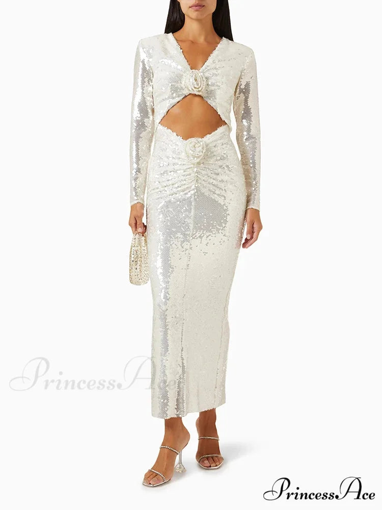 New Sexy Long Sleeves Luxury Sequins Slim Dress Hollow Flower Christmas Party Dress