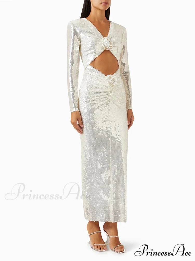 New Sexy Long Sleeves Luxury Sequins Slim Dress Hollow Flower Christmas Party Dress