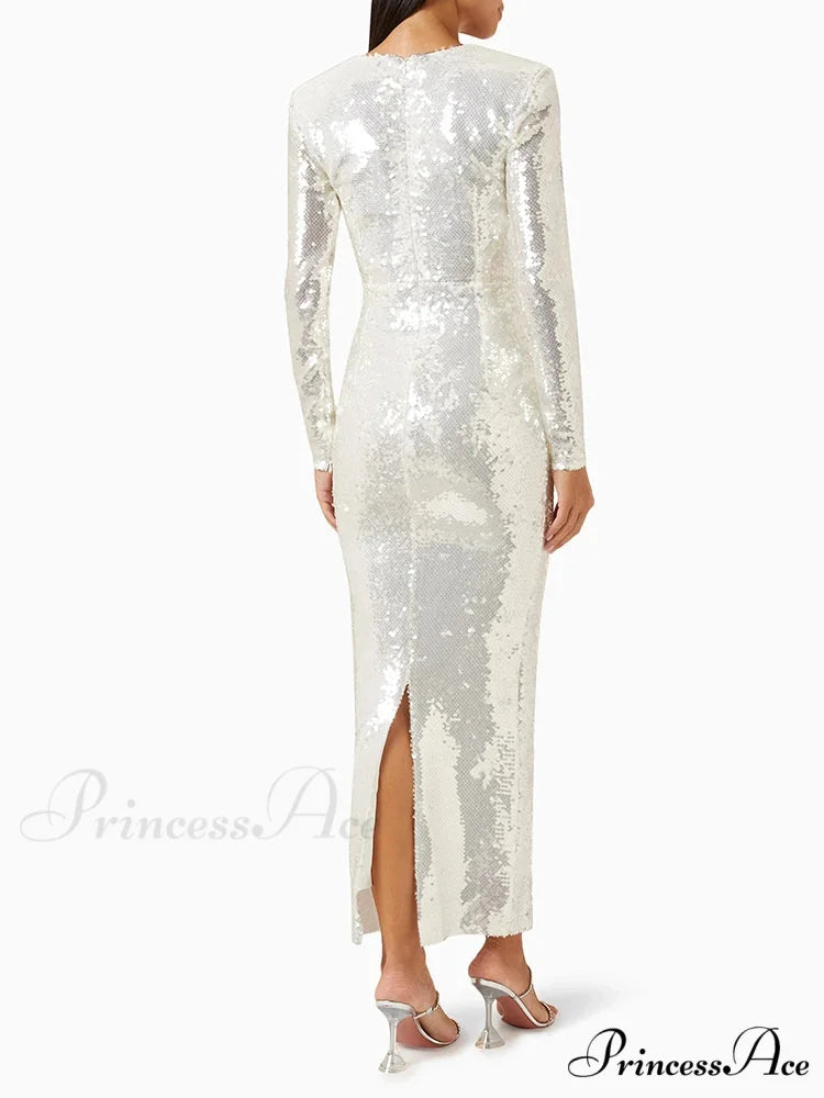 New Sexy Long Sleeves Luxury Sequins Slim Dress Hollow Flower Christmas Party Dress