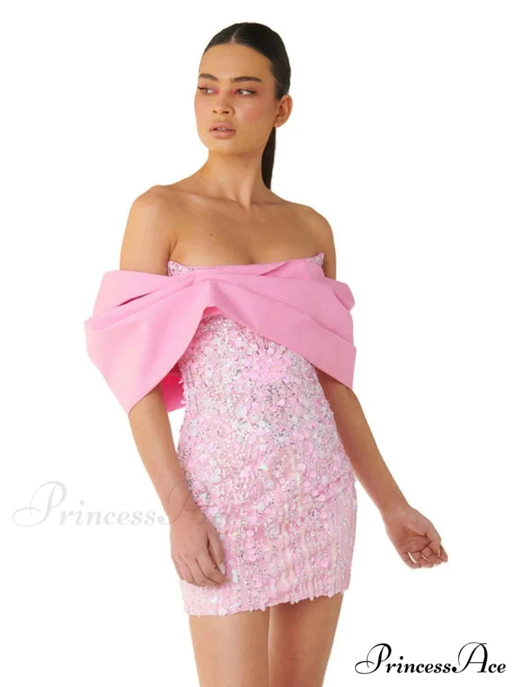 New Sexy Off Shoulder Sequins Pink Slash Neck Sparkly Elegant Christmas Party Dress