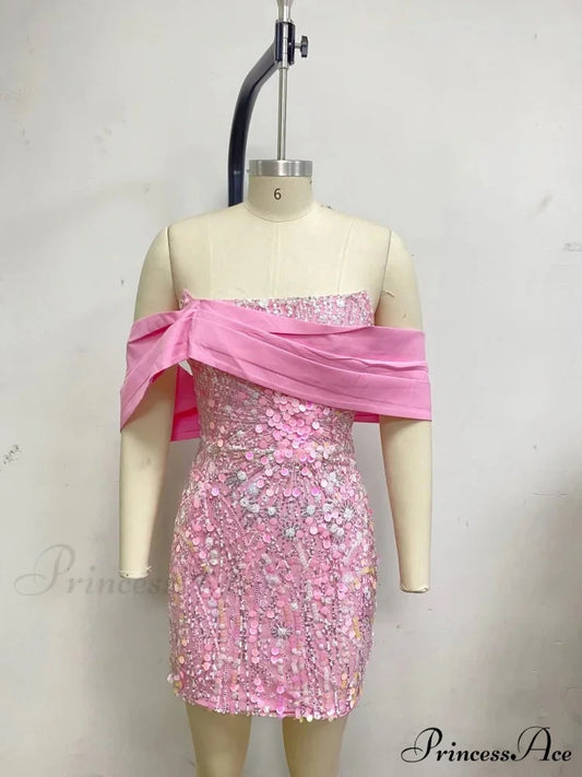 New Sexy Off Shoulder Sequins Pink Slash Neck Sparkly Elegant Christmas Party Dress Pink / S