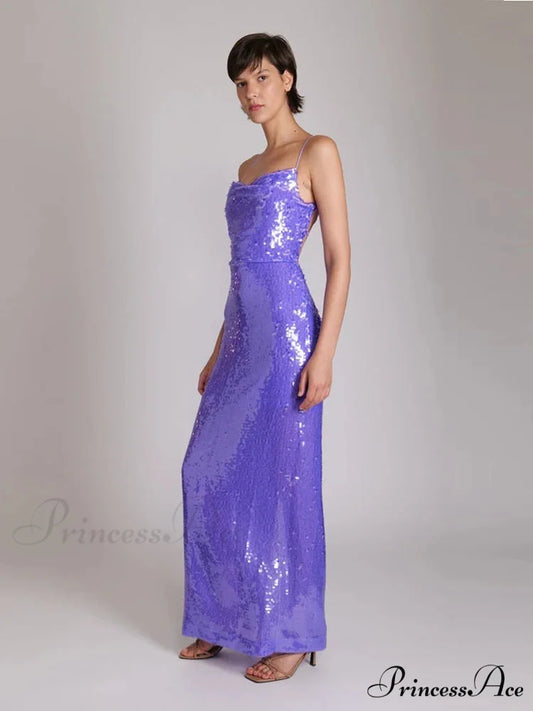 New Sexy Sleeveless Backless Lace-up Slim Long Dress Bright Sequins Christmas Party Dress