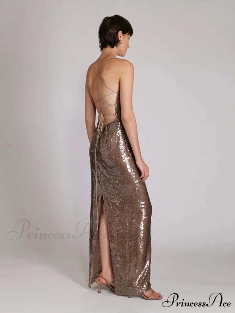 New Sexy Sleeveless Backless Lace-up Slim Long Dress Bright Sequins Christmas Party Dress
