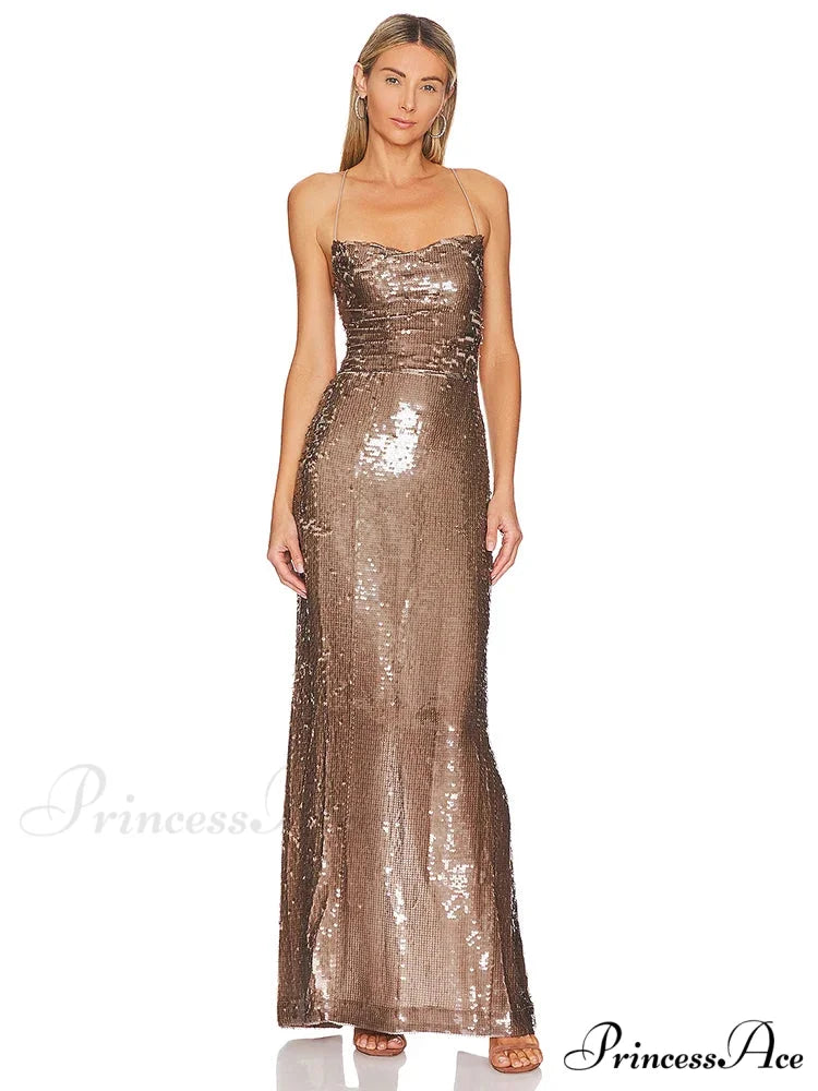 New Sexy Sleeveless Backless Lace-up Slim Long Dress Bright Sequins Christmas Party Dress Brown / S