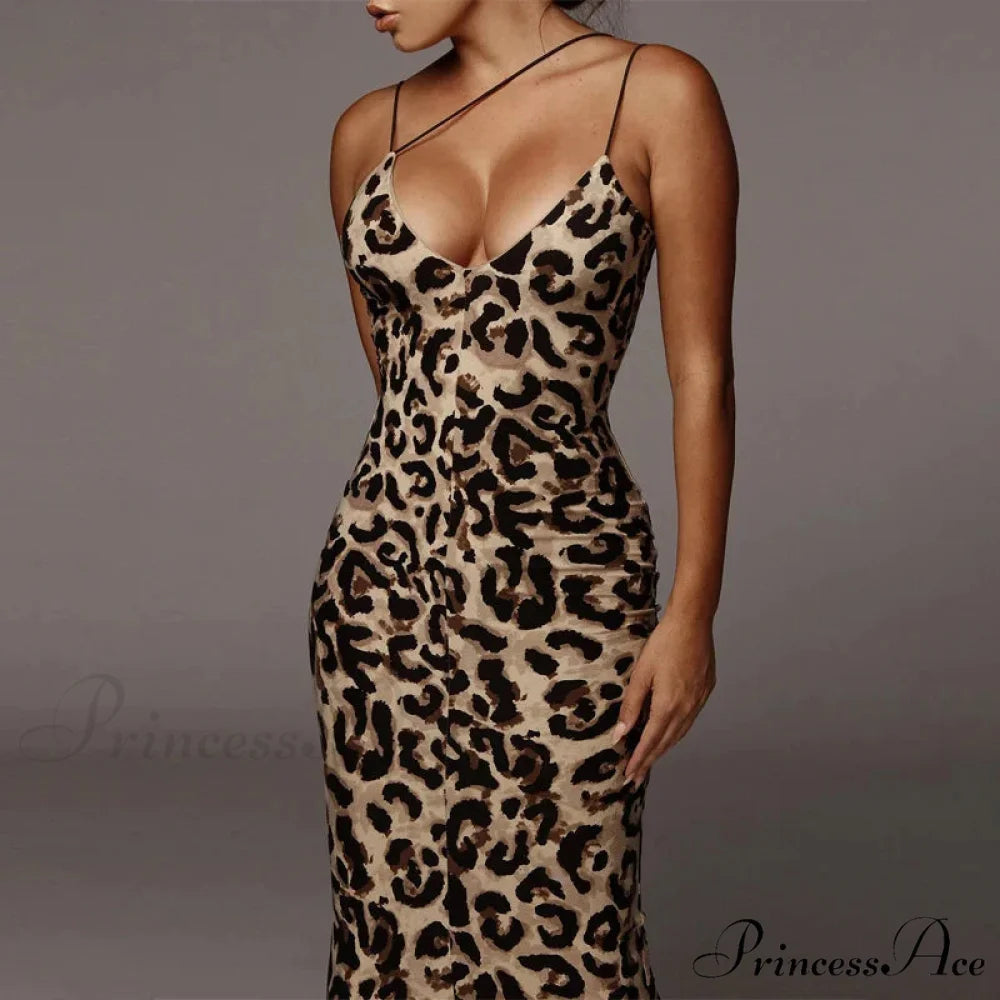 New Sexy Spaghetti Strap Leopard Print Sleeveless V-neck Maxi Evening Party Bodycon Dress