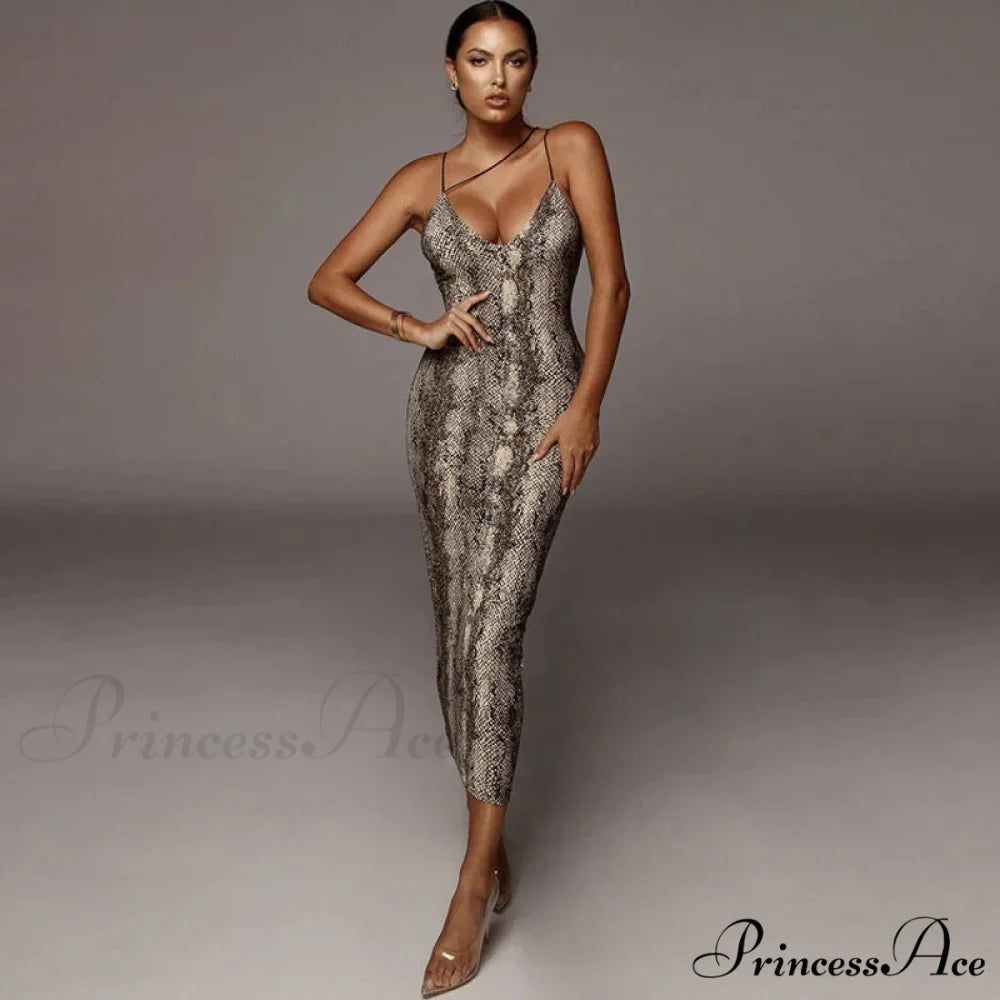 New Sexy Spaghetti Strap Leopard Print Sleeveless V-neck Maxi Evening Party Bodycon Dress BROWN / S