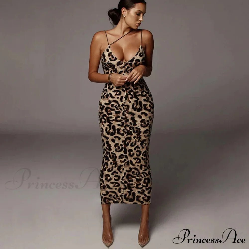 New Sexy Spaghetti Strap Leopard Print Sleeveless V-neck Maxi Evening Party Bodycon Dress Zebra-stripe / S