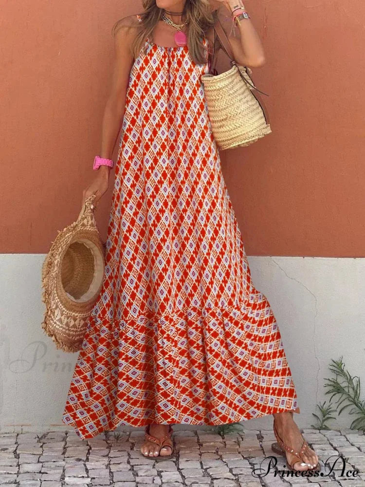 New Sleeveless Print Summer Spaghetti Strap Boho Dress ORANGE RED / S