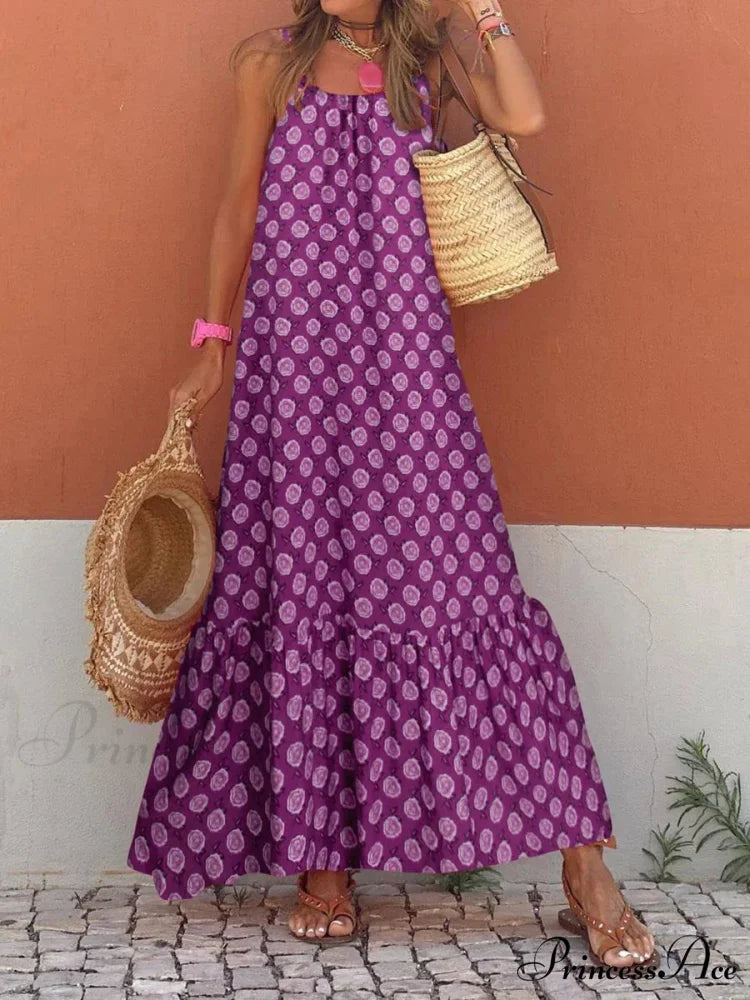 New Sleeveless Print Summer Spaghetti Strap Boho Dress PURPLE / S