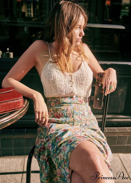 New Specialized Color Pleated Blue Floral High Waist Chiffon A-Line Midi Skirt skirt-250126