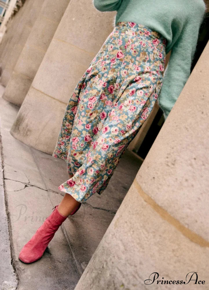 New Specialized Color Pleated Blue Floral High Waist Chiffon A-Line Midi Skirt skirt-250126