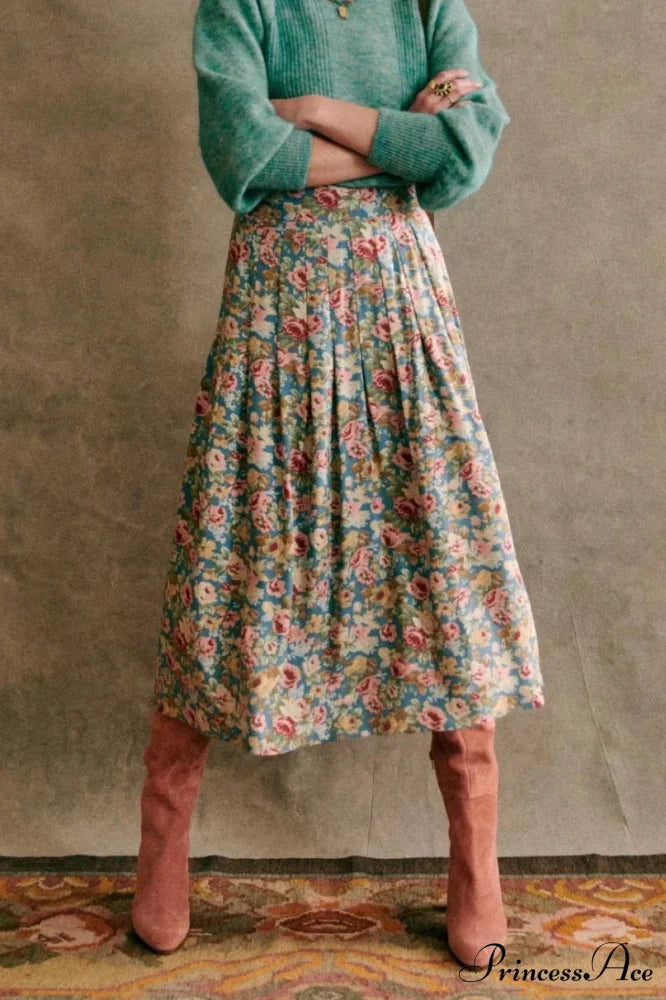 New Specialized Color Pleated Blue Floral High Waist Chiffon A-Line Midi Skirt skirt-250126