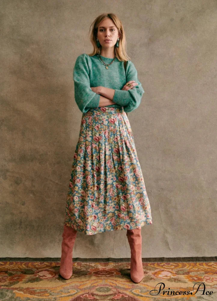 New Specialized Color Pleated Blue Floral High Waist Chiffon A-Line Midi Skirt skirt-250126