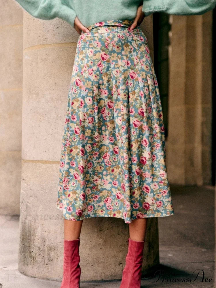 New Specialized Color Pleated Blue Floral High Waist Chiffon A-Line Midi Skirt Pink blue floral / S skirt-250126