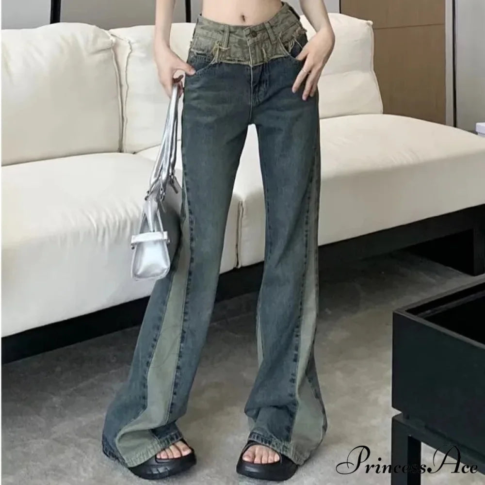 New Splice Slim Raglan Spice Girls High Waist Design Sense Small Public Show Thin Flare Jean deep blue / XS