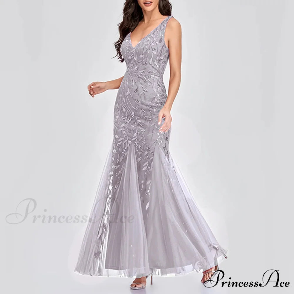 New Square-Collar Sequined Long-Sleeve Ruffle Hem Bodycon Evening Party Vestidos Dress Grey / S