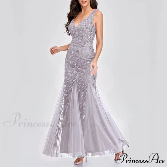 New Square-Collar Sequined Long-Sleeve Ruffle Hem Bodycon Evening Party Vestidos Dress Grey / S