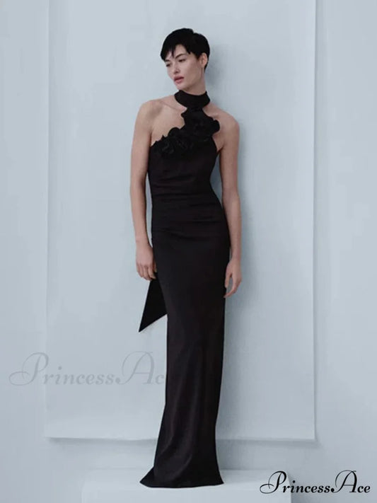 New Summer Sexy Halter Backless Flower Elegant Sleeveless Christmas Party Dress Black / S