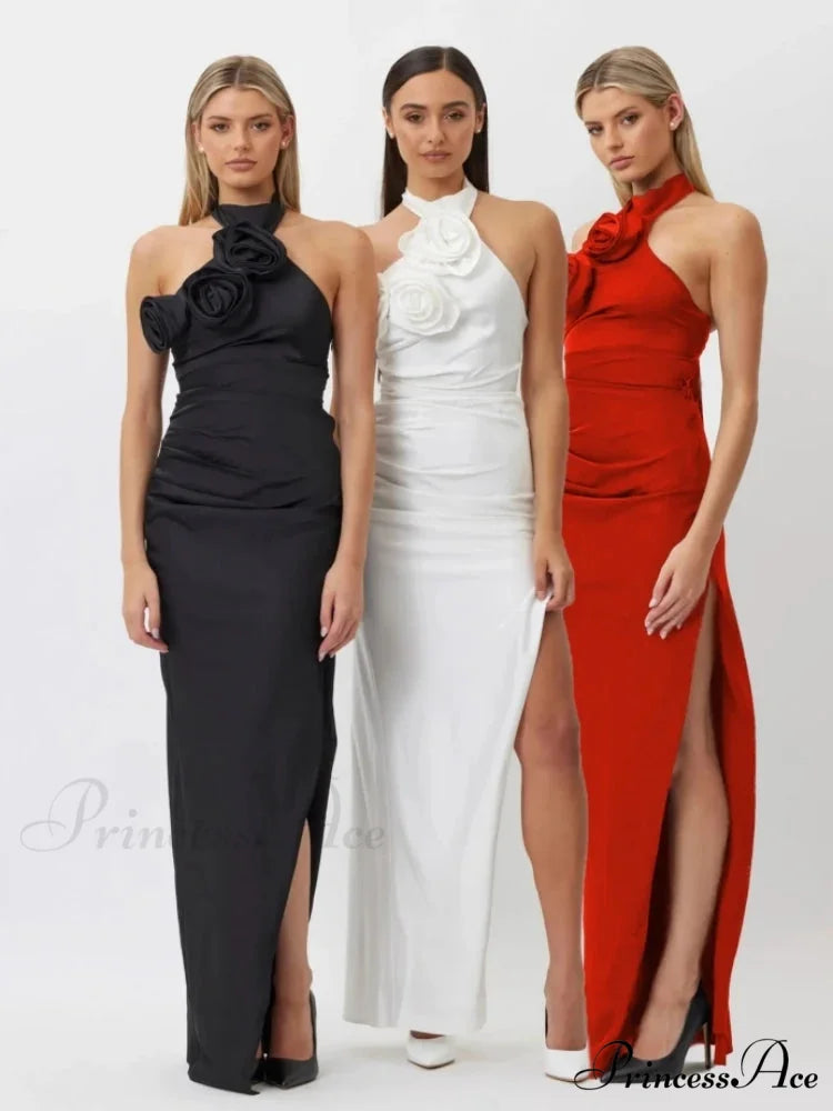 New Summer Sexy Halter Backless Flower Elegant Sleeveless Christmas Party Dress Red / S