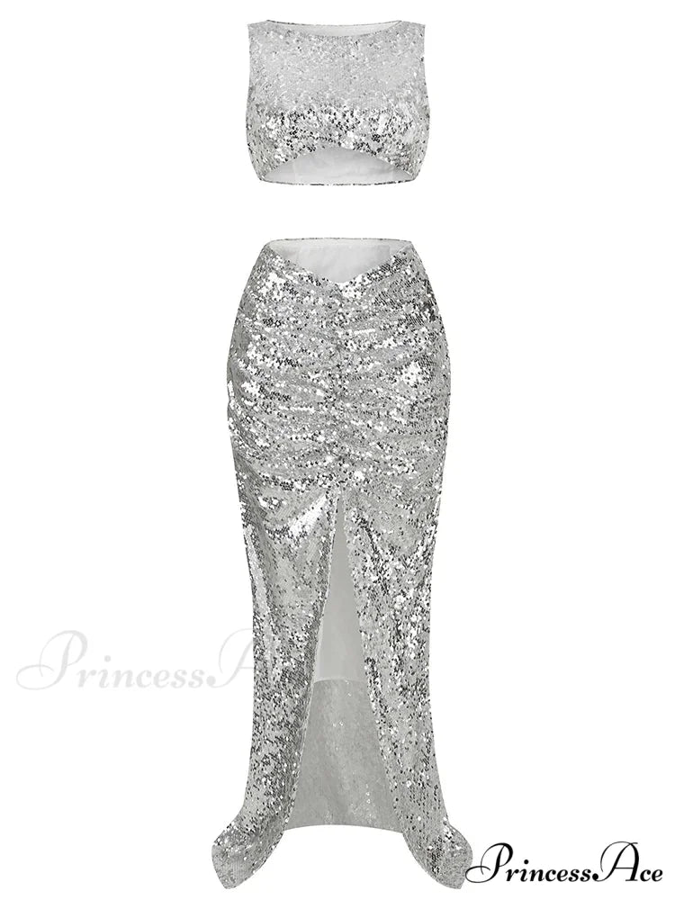 New Summer Silver Fashion Sequins Two-Piece Set Sleeveless Skirt Christmas Party Dress Silver / S