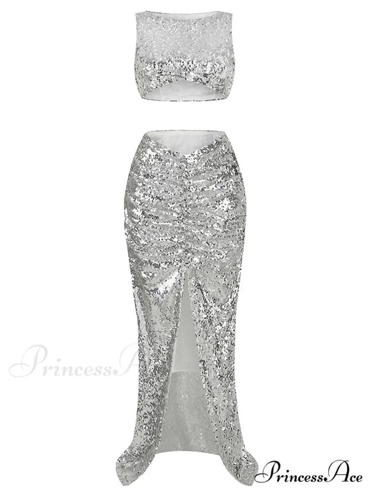 New Summer Silver Fashion Sequins Two-Piece Set Sleeveless Skirt Christmas Party Dress Silver / S