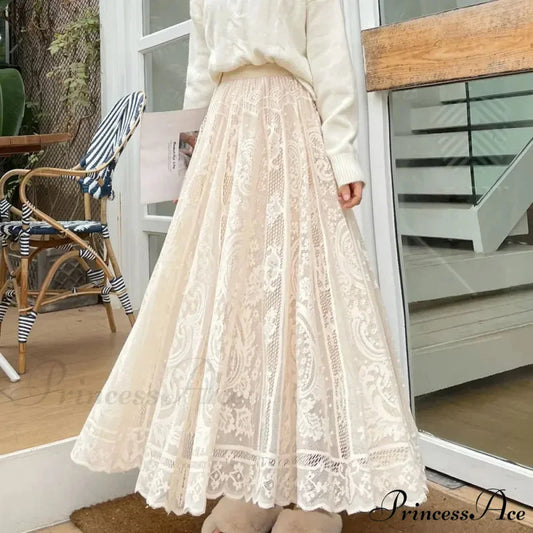 New Summer Women Long Skirt Enchanted Castle Personalized Lace Apricot / One Size skirt-250126