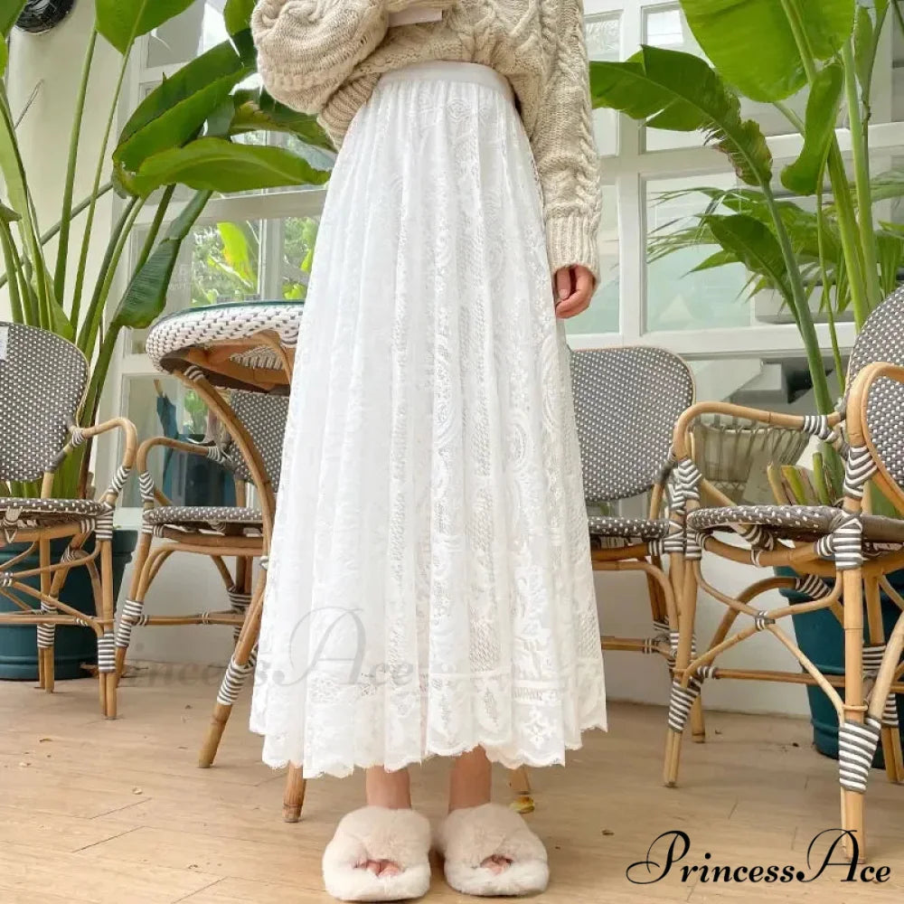 New Summer Women Long Skirt Enchanted Castle Personalized Lace WHITE / One Size skirt-250126