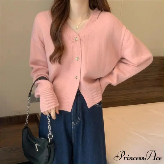 New V-Neck Button Red Knit Tops Stylish Knitwear Christmas Sweater pink / M