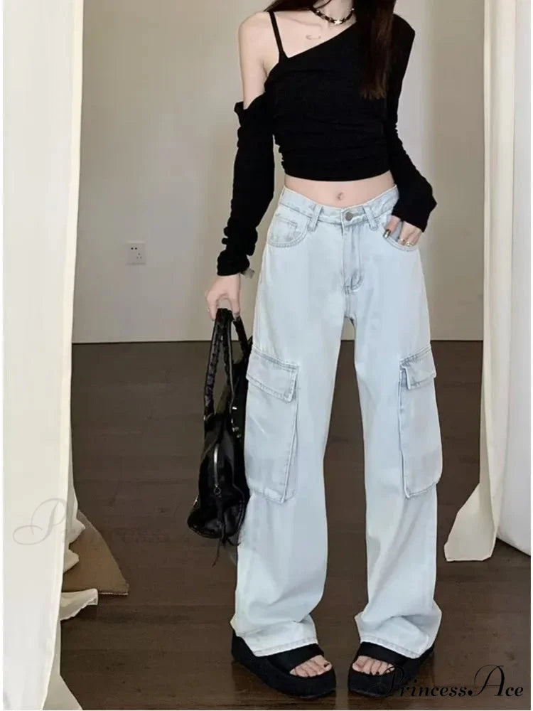 New Vintage Harajuku Aesthetic Clothing Autumn Baggy Fashion Clothes for Teenagers Women’s Jean Light Blue / XS