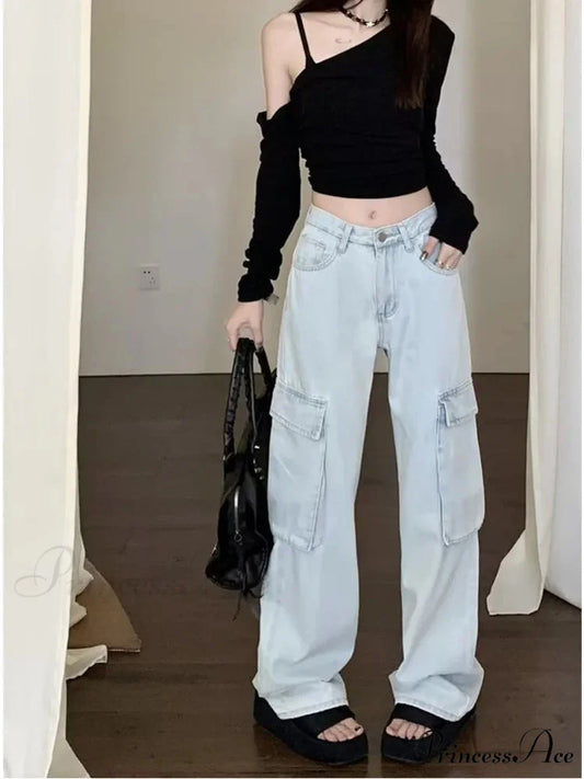 New Vintage Harajuku Aesthetic Clothing Autumn Baggy Fashion Clothes for Teenagers Women’s Jean Light Blue / XS