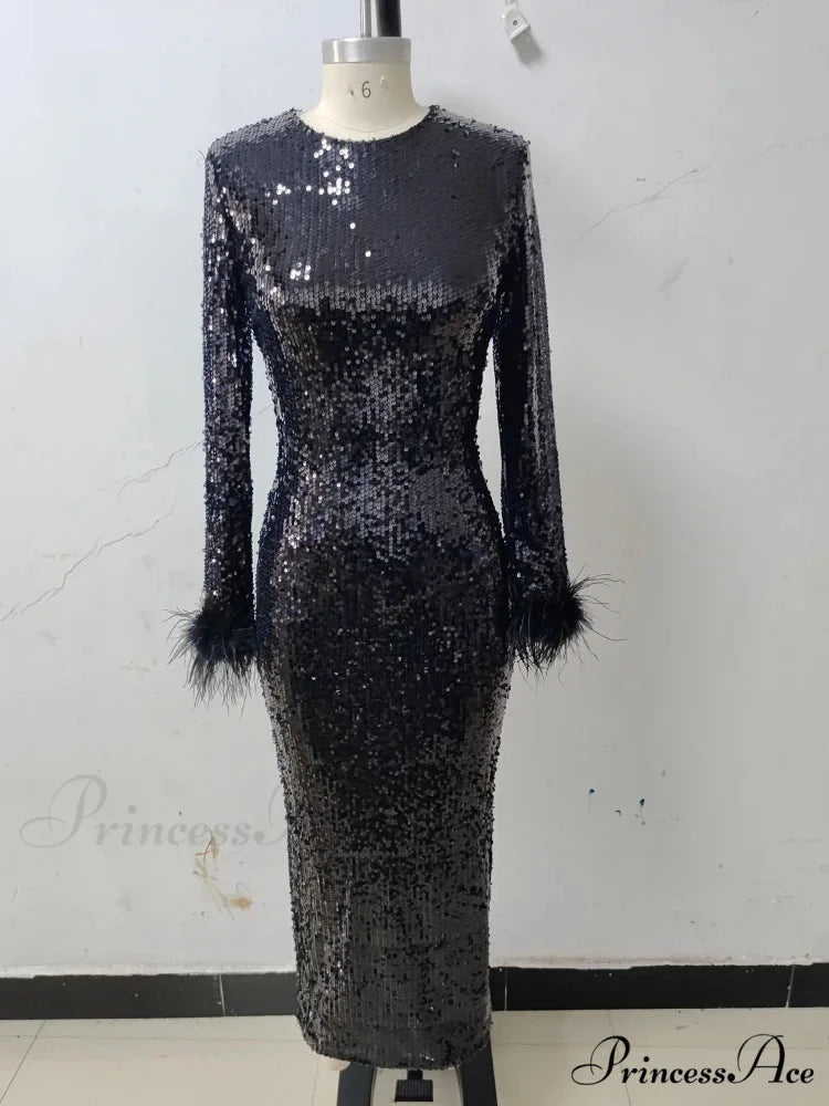 New Women O Neck Long Sleeve Luxury Sequin Feather Christmas Party Dress Black / S