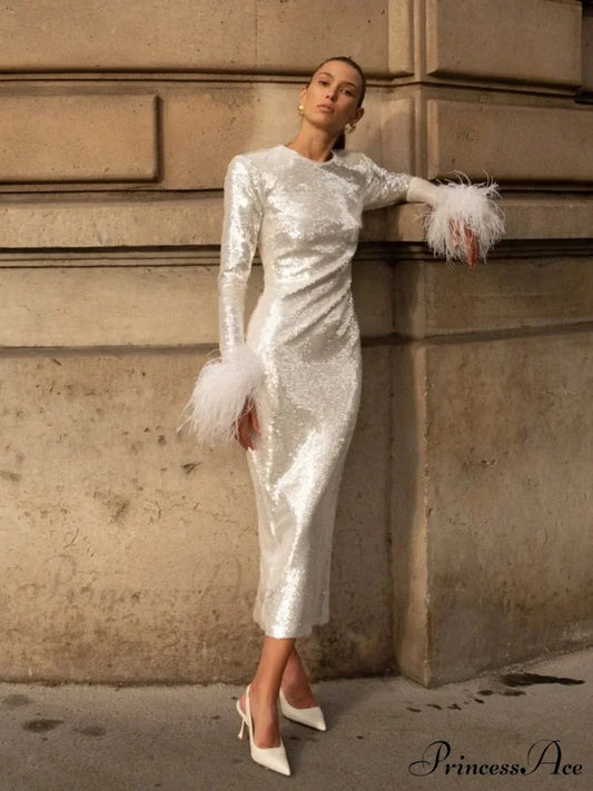New Women O Neck Long Sleeve Luxury Sequin Feather Christmas Party Dress WHITE / S
