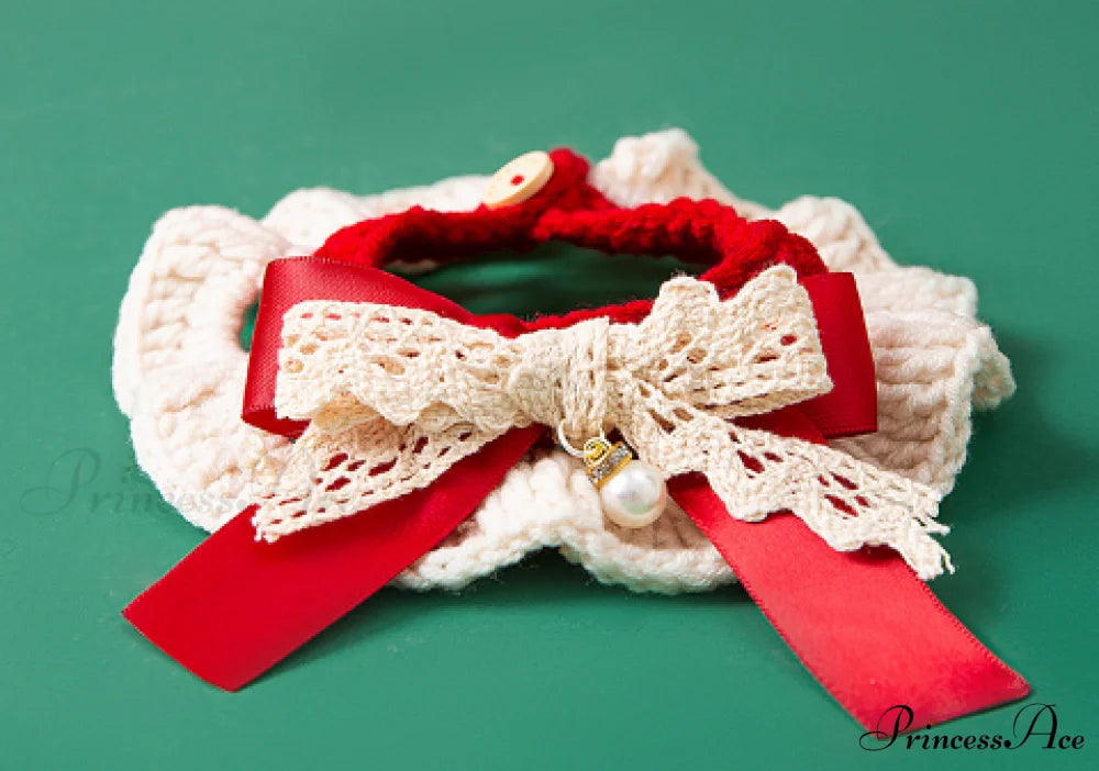 New Year Pet Cat Handwoven Bell Necklace Red rice bow (adjustable) / XS size