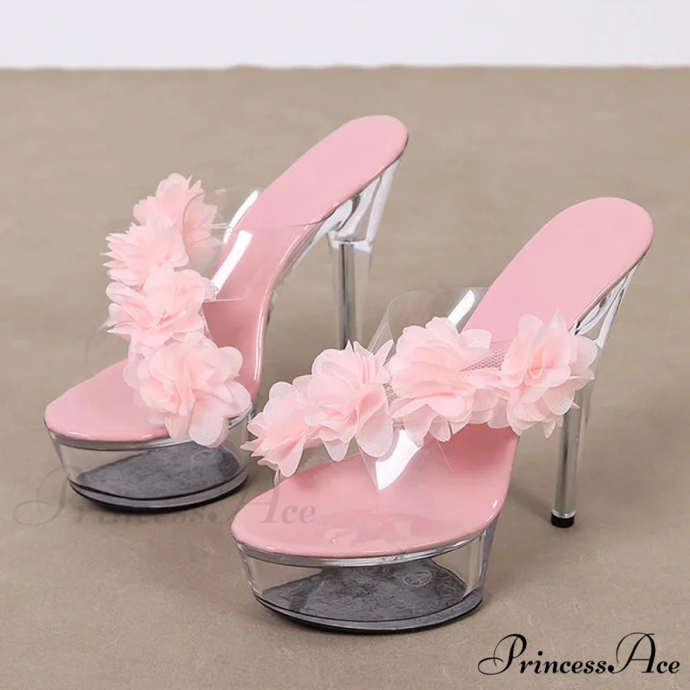 NewFashion Pink Floral Pvc Transparent Super-High Platform Sexy Peep-Toe Slipper High Heel Pink / 35