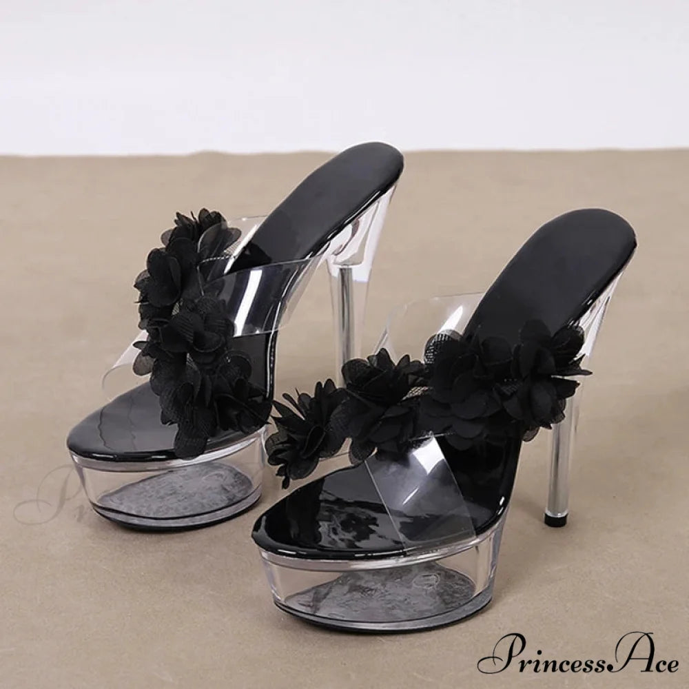 NewFashion Pink Floral Pvc Transparent Super-High Platform Sexy Peep-Toe Slipper High Heel Black / 35