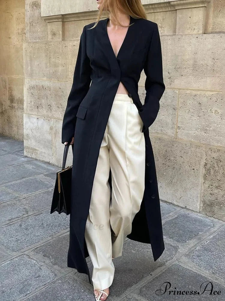 No Collar Single-Breasted Slim Overcoat Modified Output: No Collar Single-Buttoned Sleek Overcoat Black / S