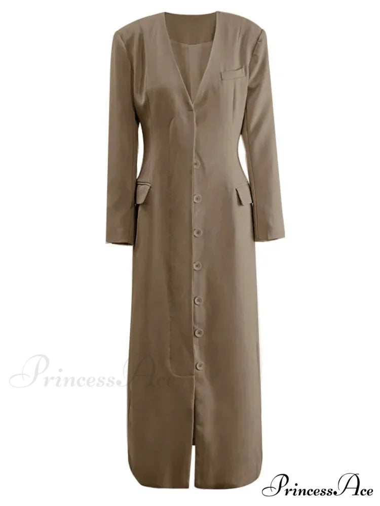 No Collar Single-Breasted Slim Overcoat Modified Output: No Collar Single-Buttoned Sleek Overcoat Khaki / S