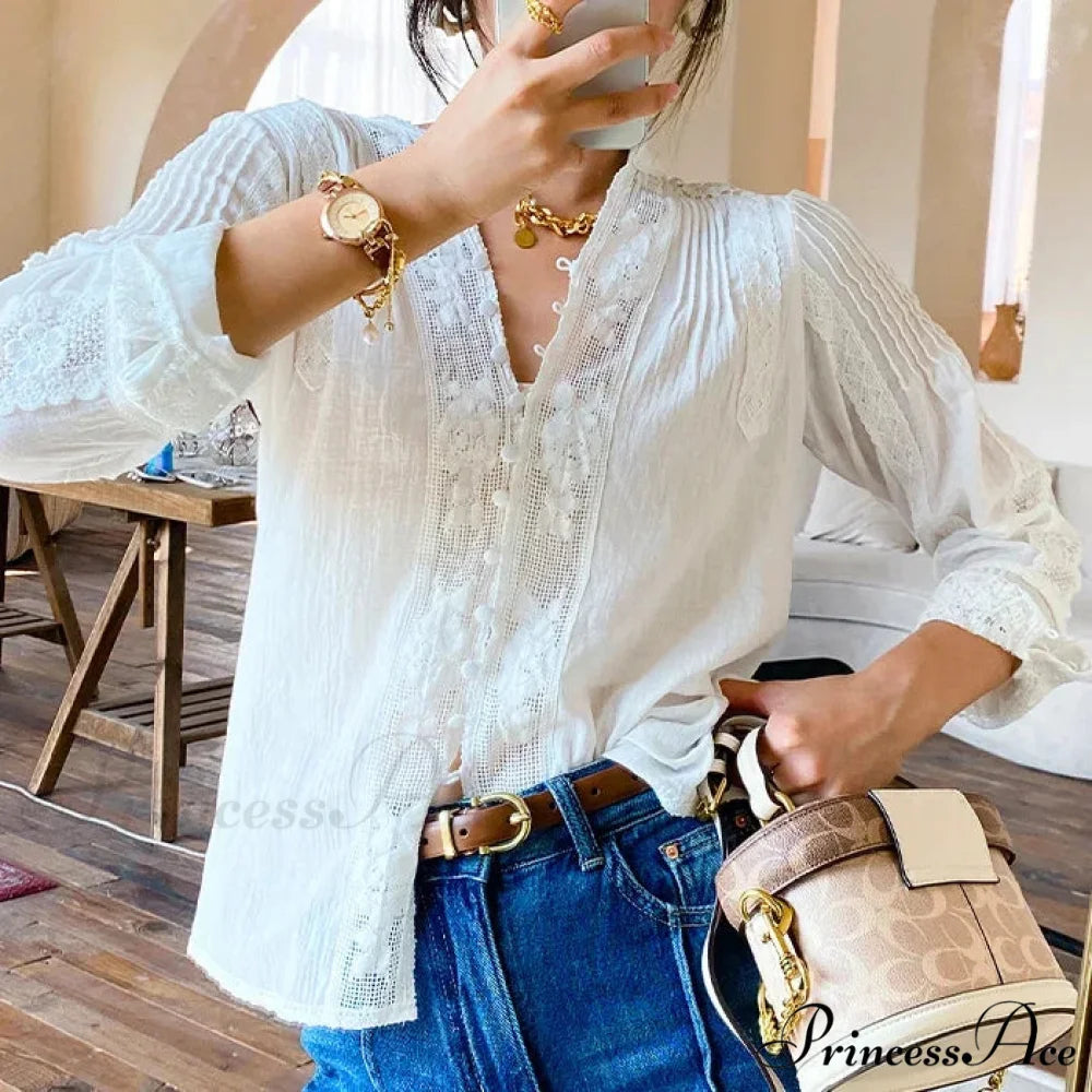 Nomadic Bohemian Floral Stitched Lace Extended Sleeve Blouse bohoblouse-250126