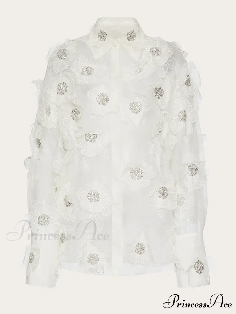 NORA Elegant FLOWER BLOUSE White / M