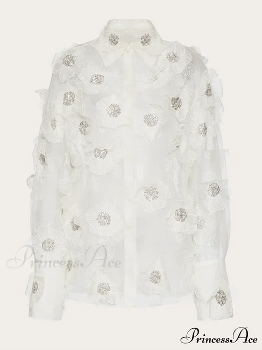 NORA Elegant FLOWER BLOUSE White / M